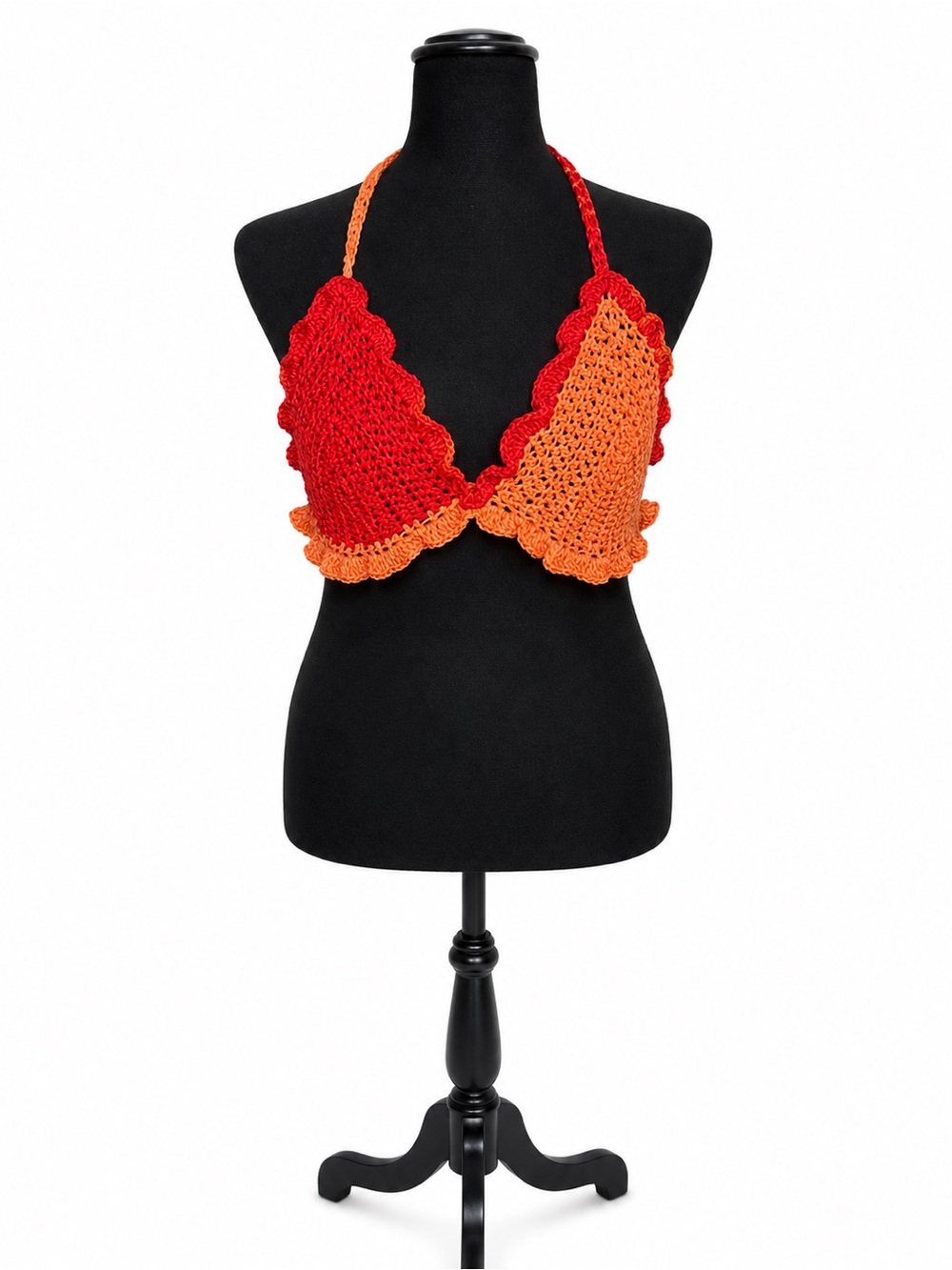 Hand-Crocheted Two-Tone Orange & Red Bikini Top
